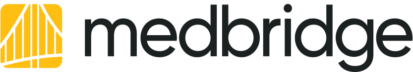 Medbridge logo with black lowercase text and a yellow icon of stylized lines on the left.